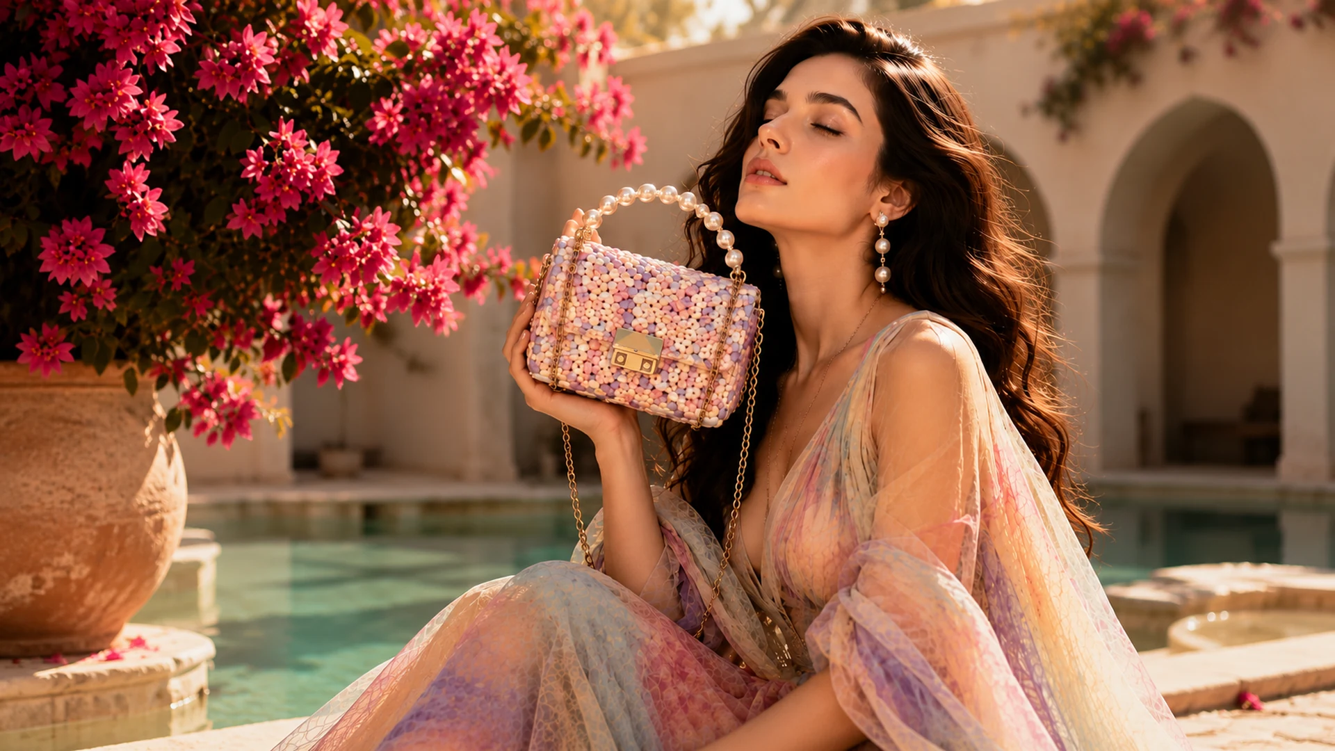 Rhhenso pastel handwoven bag in a luxury floral editorial